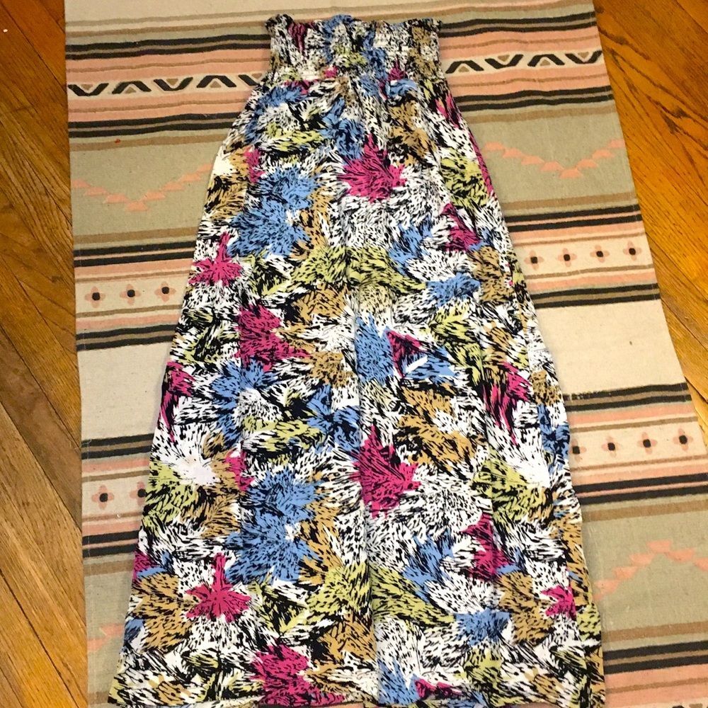 Forever 21 small Tropical Strapless Maxi dress no slit smocked pink blue green